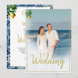 Lemon Tuscan Tile Blue White Photo Wedding Kaart