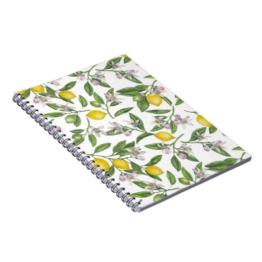 Lemon vertakt zich met bloesems en fruit op wit ng notitieboek (Rechterzijde)