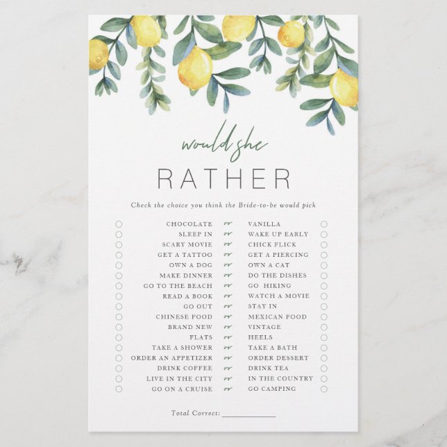 Lemon Vrijgezellenfeest Game zou ze liever willen (Voorkant)