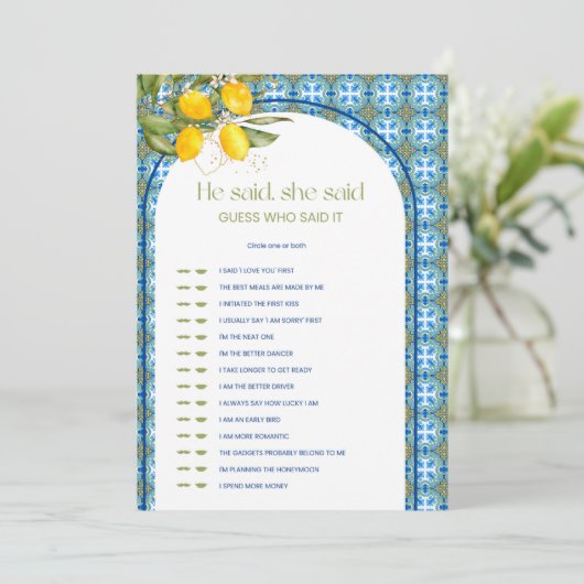 Lemon Vrijgezellenfeest Hij zei dat ze spel Kaart (Staand voorkant)
