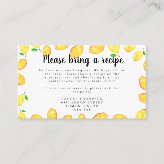 Lemon Vrijgezellenfeest Recipe Request Card Informatiekaartje (Voorkant)