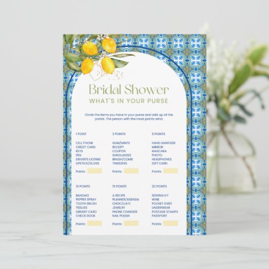 Lemon Vrijgezellenfeest Wat zit er in je tas spel Kaart (Staand voorkant)