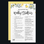 Lemon waarom doen we dat weddenschap?<br><div class="desc">Waarom doen we dat? Voeg deze leuke en speelse botanische trouwtradities speelkaart toe aan je evenement. Het bevat illustraties van de waterverf van citroenen en groene energie. U kunt de kaart personaliseren door achterteksten toe te voegen. Deze citroengissenkaart is perfect voor zomerbruiloften en -vrijgezellenfeesten.</div>