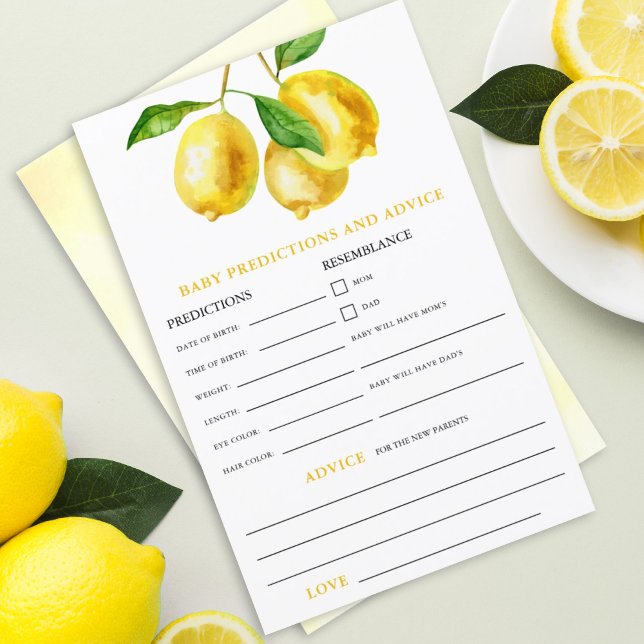 Lemon Watercolor Baby Voorspellingen Advies Spel (Lemon drop watercolor baby advice and predictions baby shower activity. Games for Baby Showers.)