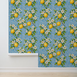 Lemon Watercolor Blue Mediterranean Tile Pattern Behang