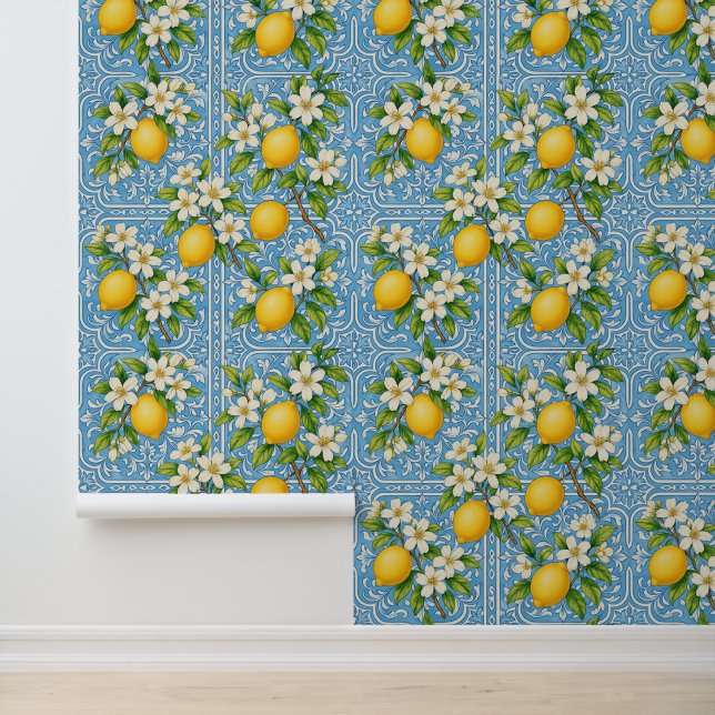 Lemon Watercolor Blue Mediterranean Tile Pattern Behang (Applicatie)