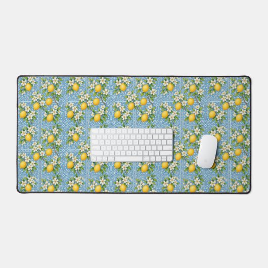 Lemon Watercolor Blue Mediterranean Tile Pattern Bureaumat (Keyboard & Muis)
