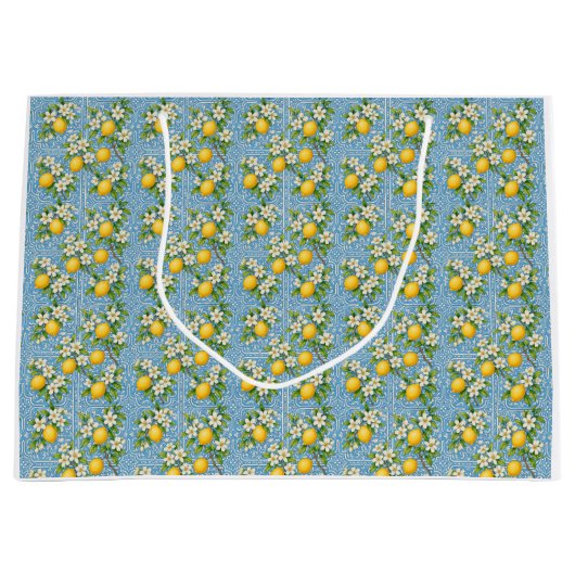 Lemon Watercolor Blue Mediterranean Tile Pattern Groot Cadeauzakje (Voorkant)