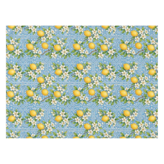 Lemon Watercolor Blue Mediterranean Tile Pattern Tafelkleed (Voorkant (Horizontaal))