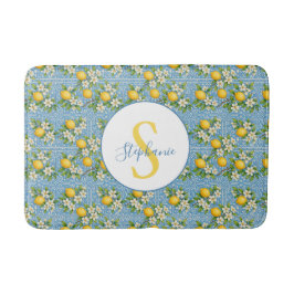 Lemon Watercolor Blue Tile Pattern Personalized Badmat