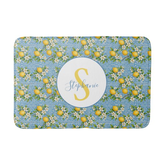 Lemon Watercolor Blue Tile Pattern Personalized Badmat (Voorkant)