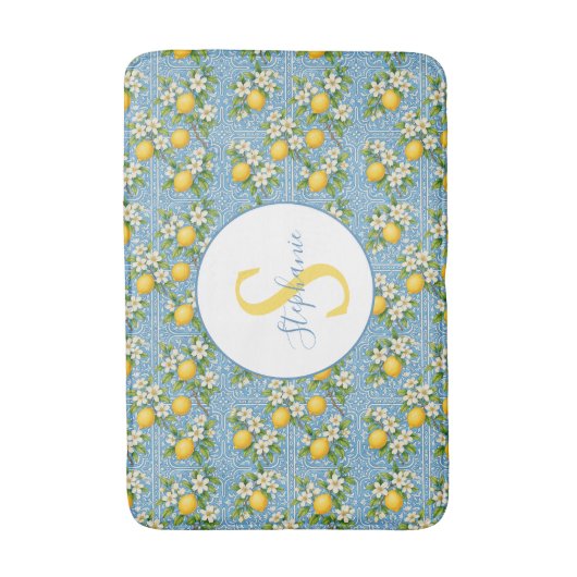 Lemon Watercolor Blue Tile Pattern Personalized Badmat (Voorkant Verticaal)