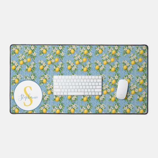 Lemon Watercolor Blue Tile Pattern Personalized Bureaumat (Keyboard & Muis)
