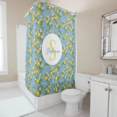 Lemon Watercolor Blue Tile Pattern Personalized Douchegordijn (In situ)
