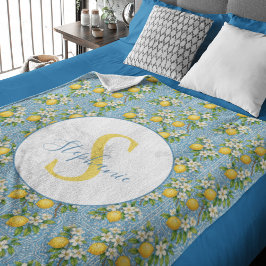 Lemon Watercolor Blue Tile Pattern Personalized Fleece Deken
