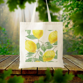Lemon waterkleurige patroonwitte naam tote bag