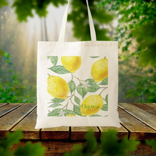 Lemon waterkleurige patroonwitte naam tote bag