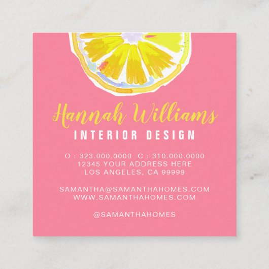Lemon Waterverf Roze Modern Vierkante Visitekaartje (Achterkant)
