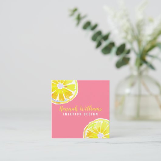 Lemon Waterverf Roze Modern Vierkante Visitekaartje (Staand voorkant)