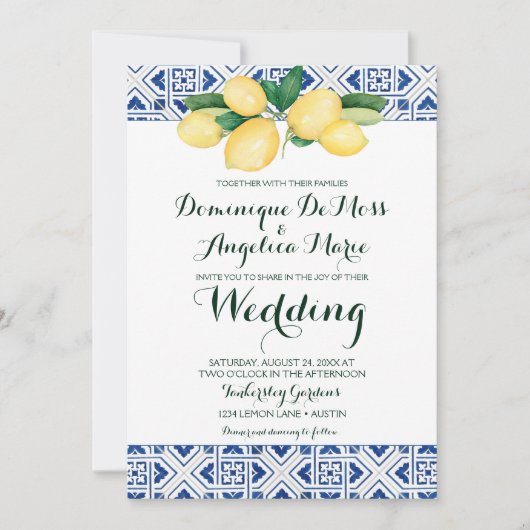 Lemon Wedding Blauw Wit Mediterraan Tegel Kaart (Voorkant)