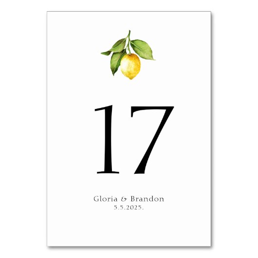 Lemon Wedding Table Number Kaart (Voorkant)