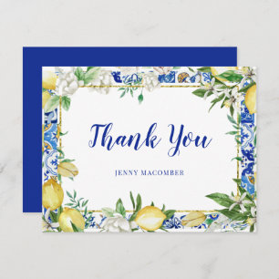 Lemon White Floral Blue Mosaic Tile Bedankkaart