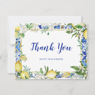 Lemon White Floral Blue Mosaic Tile Bedankkaart