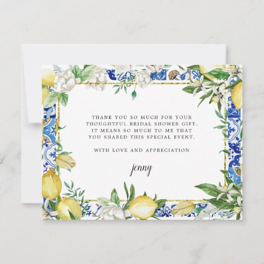 Lemon White Floral Blue Mosaic Tile Bedankkaart (Achterkant)