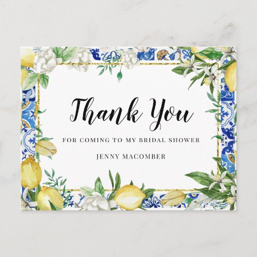 Lemon White Floral Blue Mosaic Tile Briefkaart (Voorkant)
