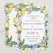Lemon White Floral Blue Mosaic Tile Wedding Invita Kaart (Voorkant / Achterkant)
