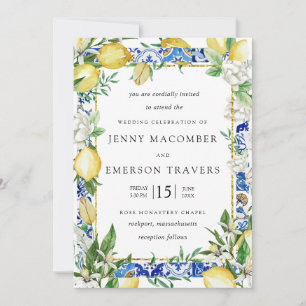 Lemon White Floral Blue Mosaic Tile Wedding Invita Kaart