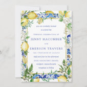 Lemon White Floral Blue Mosaic Tile Wedding Kaart (Voorkant)