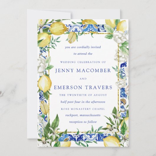 Lemon White Floral Blue Mosaic Tile Wedding Kaart (Voorkant)