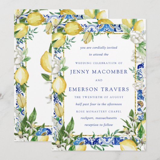 Lemon White Floral Blue Mosaic Tile Wedding Kaart (Voorkant / Achterkant)