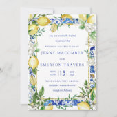 Lemon White Floral Blue Mosaic Tile Wedding Kaart (Voorkant)