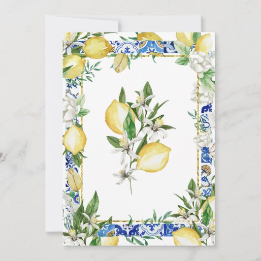 Lemon White Floral Blue Mosaic Tile Wedding Kaart (Achterkant)