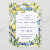 Lemon White Floral Blue Mosaic Tile Wedding Kaart (Voorkant / Achterkant)
