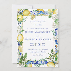 Lemon White Floral Blue Mosaic Tile Wedding Kaart