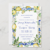 Lemon White Floral Blue Mosaic Tile Wedding Kaart (Voorkant)