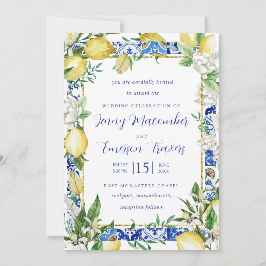 Lemon White Floral Blue Mosaic Tile Wedding Kaart (Voorkant)
