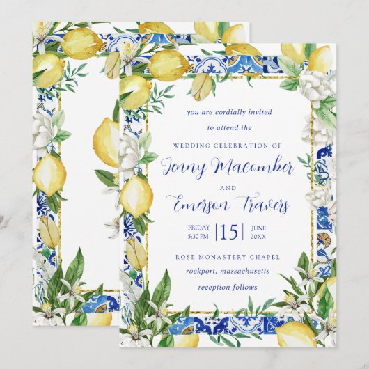 Lemon White Floral Blue Mosaic Tile Wedding Kaart (Voorkant / Achterkant)