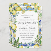 Lemon White Floral Blue Mosaic Tile Wedding Kaart (Voorkant / Achterkant)