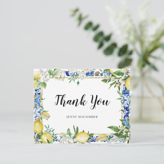 Lemon White Floral Blue Tile Bedankkaart (Staand voorkant)