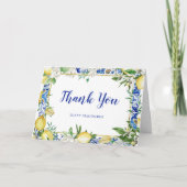 Lemon White Floral Blue Tile Photo Folded Bedankkaart (Voorkant)