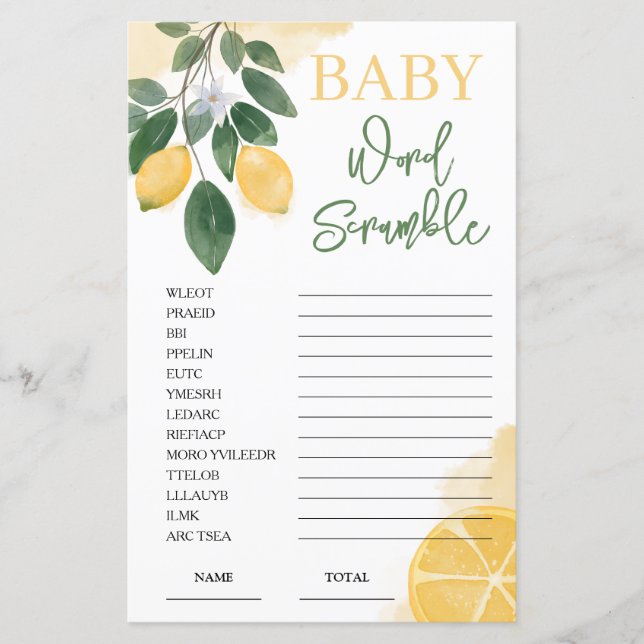Lemon Word Scramble Baby shower spel (Voorkant)