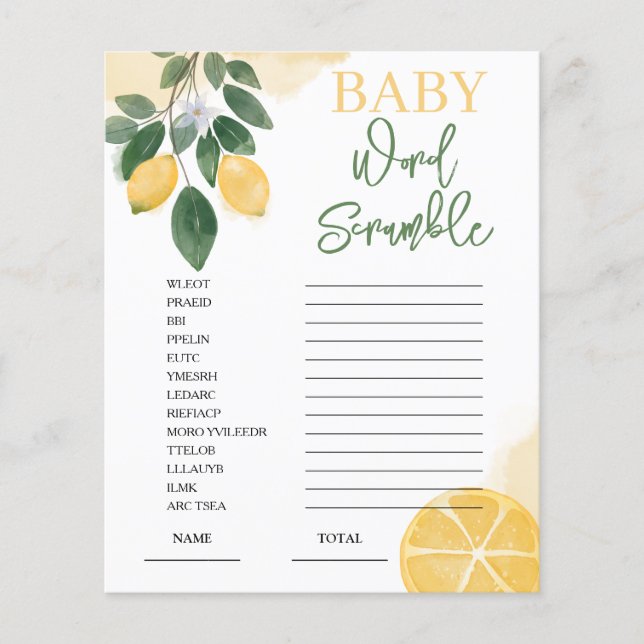Lemon Word Scramble Baby shower spel (Voorkant)