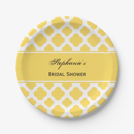 Lemon Yellow and White Quatrefoil Pattern Bridal Papieren Bordje (Voorkant)
