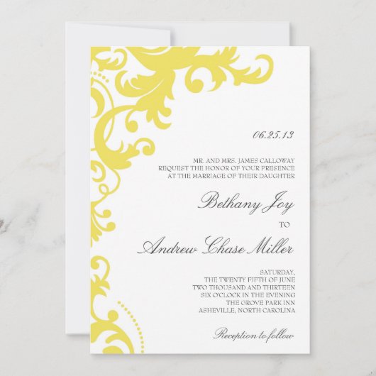 Lemon Yellow Elegant Damask Wedding Invitation Kaart (Voorkant)