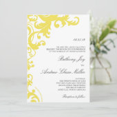 Lemon Yellow Elegant Damask Wedding Invitation Kaart (Staand voorkant)