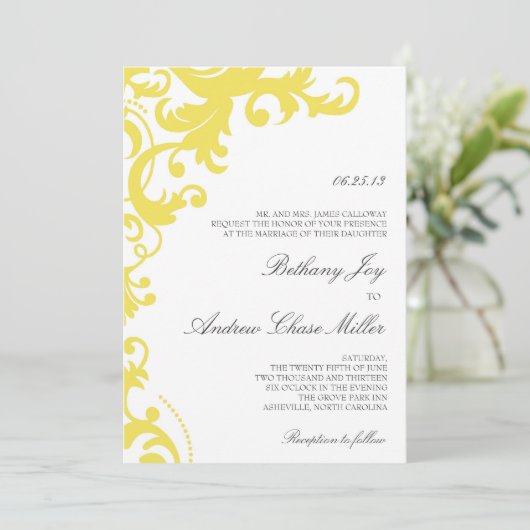Lemon Yellow Elegant Damask Wedding Invitation Kaart (Staand voorkant)